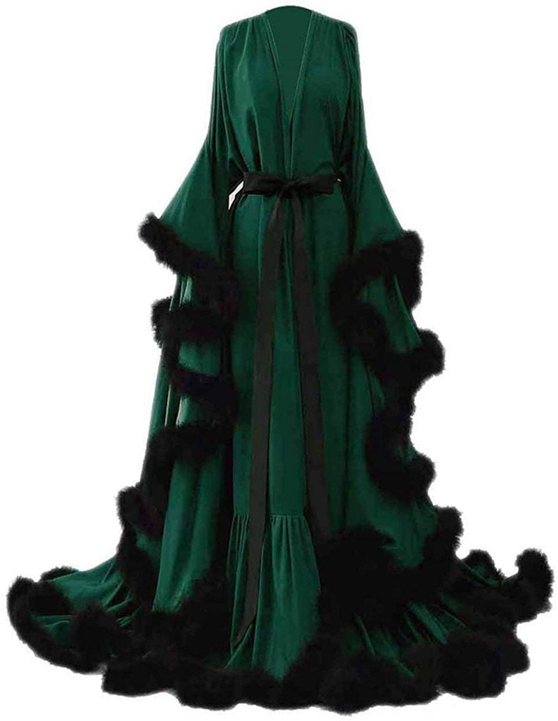 Silky Satin Feather Fringe Hem Long Robe (Victorian Style) - next day shipping selective colors | luxrobe | Wiccan Center