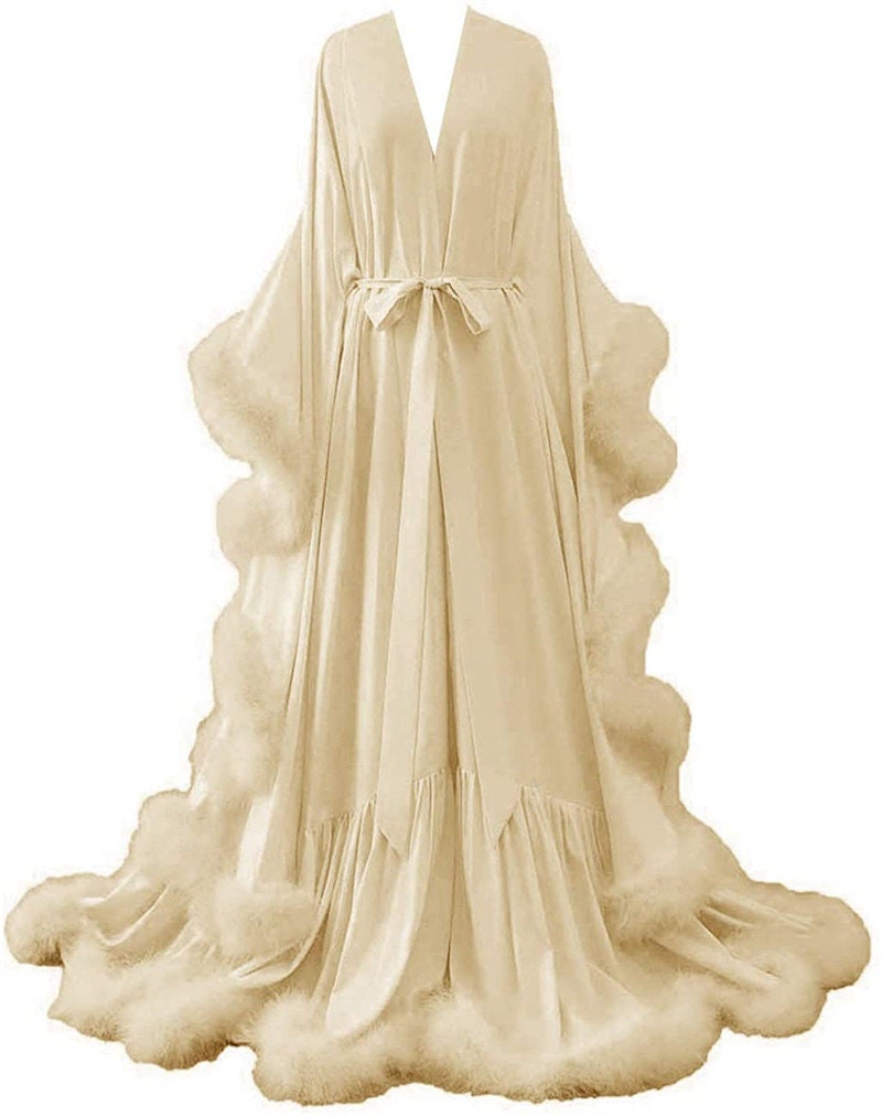 Silky Satin Feather Fringe Hem Long Robe (Victorian Style) - next day shipping selective colors | luxrobe | Wiccan Center