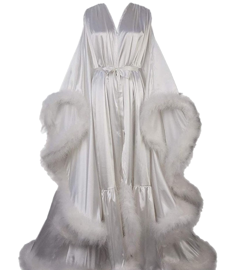 Silky Satin Feather Fringe Hem Long Robe (Victorian Style) - next day shipping selective colors | luxrobe | Wiccan Center