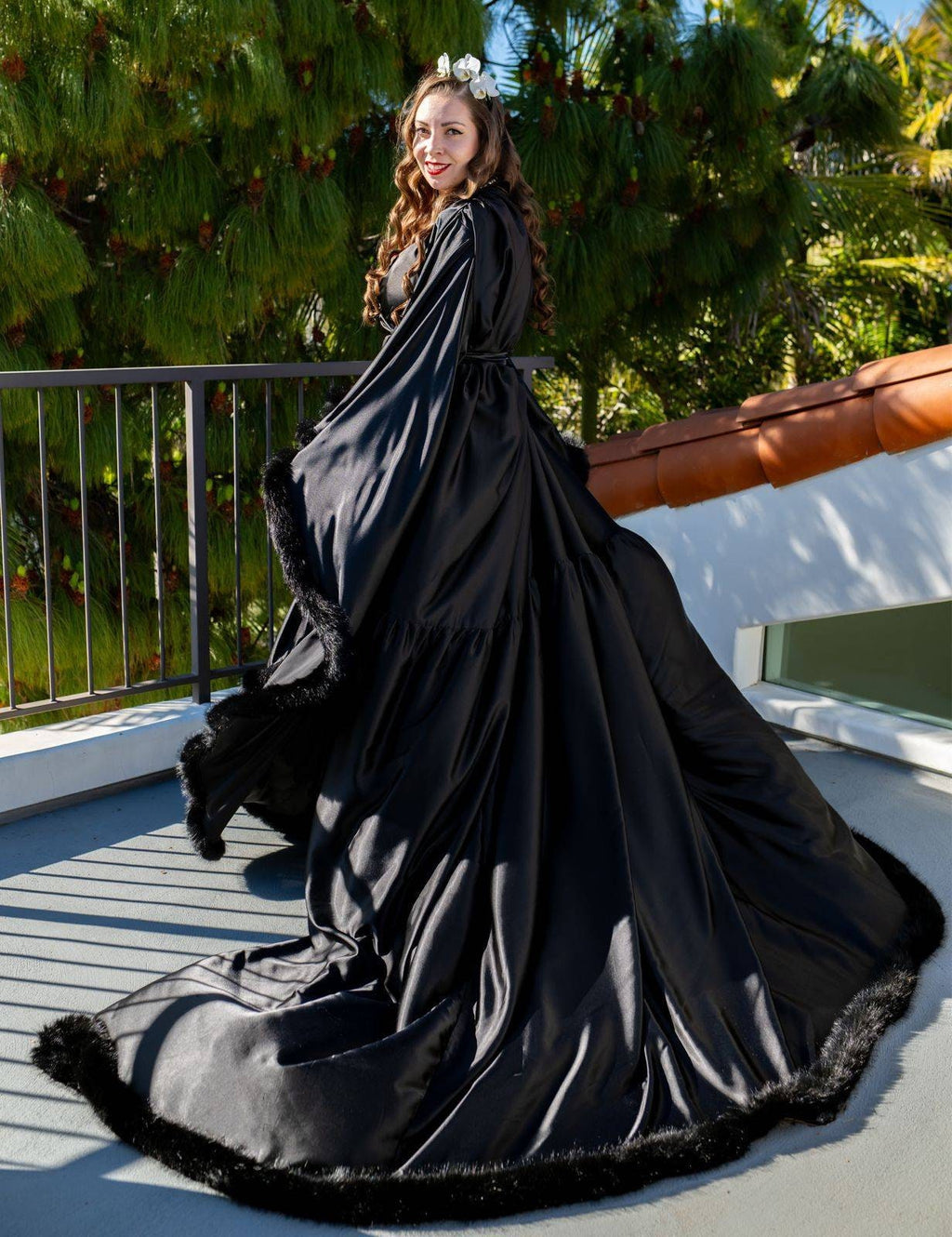Silky Satin Feather Fringe Hem Long Robe (Victorian Style) - next day shipping selective colors | luxrobe | Wiccan Center