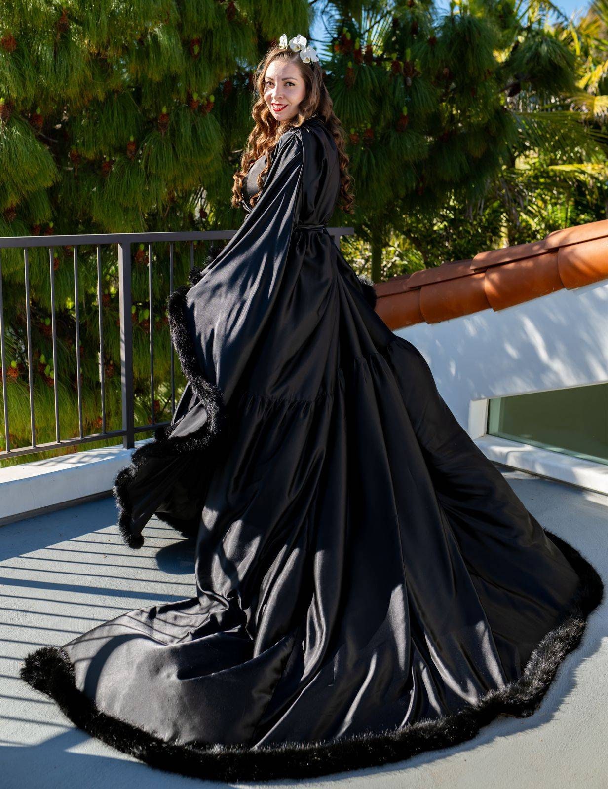 Silky Satin Feather Fringe Hem Long Robe (Victorian Style) - next day shipping selective colors | luxrobe | Wiccan Center