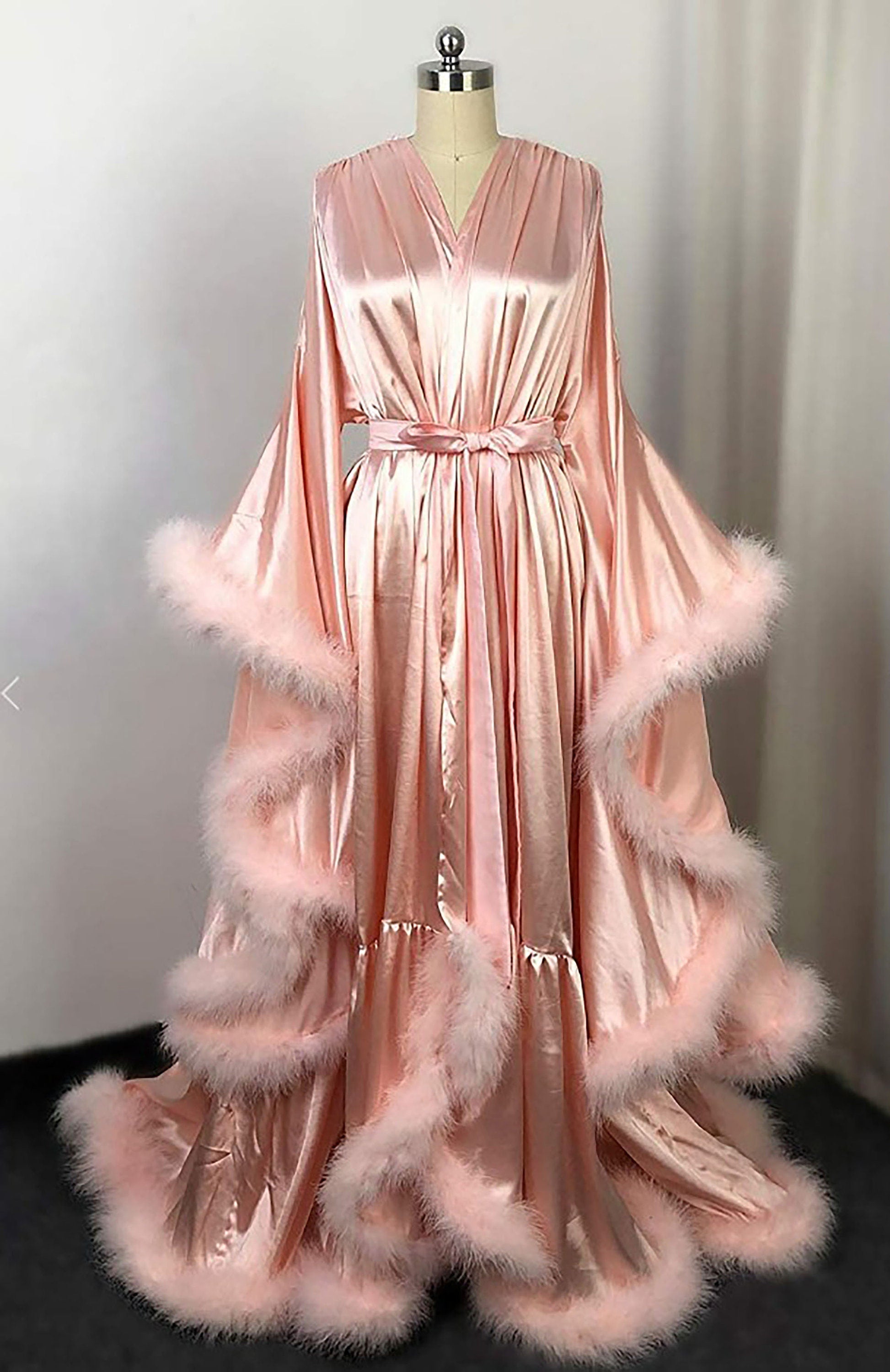 Silky Satin Feather Fringe Hem Long Robe (Victorian Style) - next day shipping selective colors | luxrobe | Wiccan Center