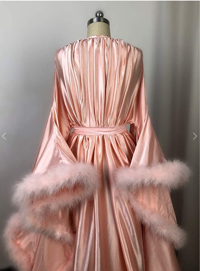 Silky Satin Feather Fringe Hem Long Robe (Victorian Style) - next day shipping selective colors | luxrobe | Wiccan Center