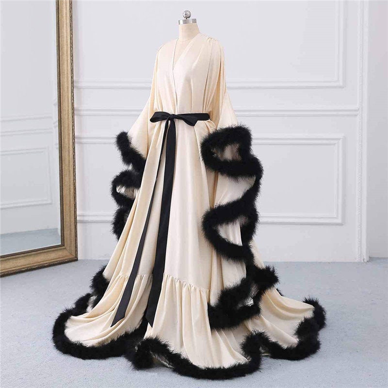 Silky Satin Feather Fringe Hem Long Robe (Victorian Style) - next day shipping selective colors | luxrobe | Wiccan Center