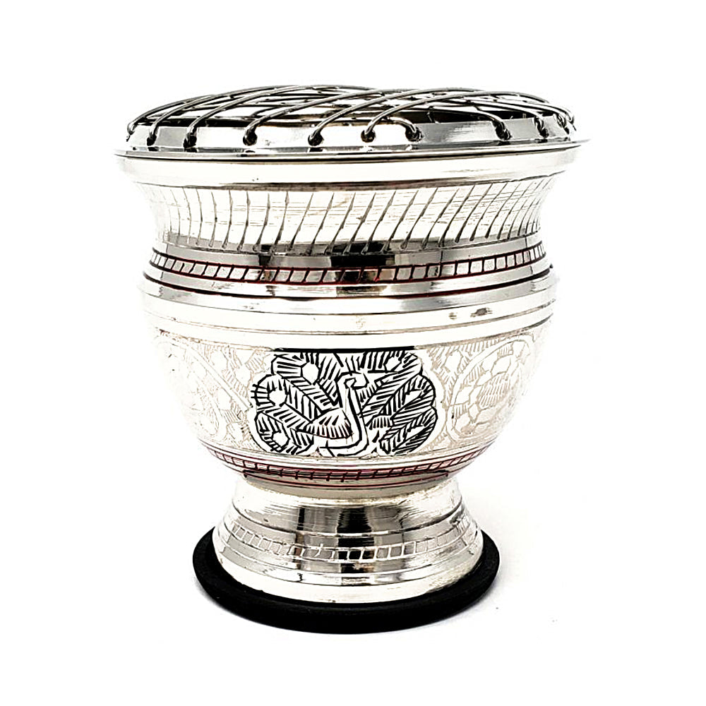 Silver Peacock Carved Brass Screen Charcoal Burner | Incense Burner | Wiccan Center