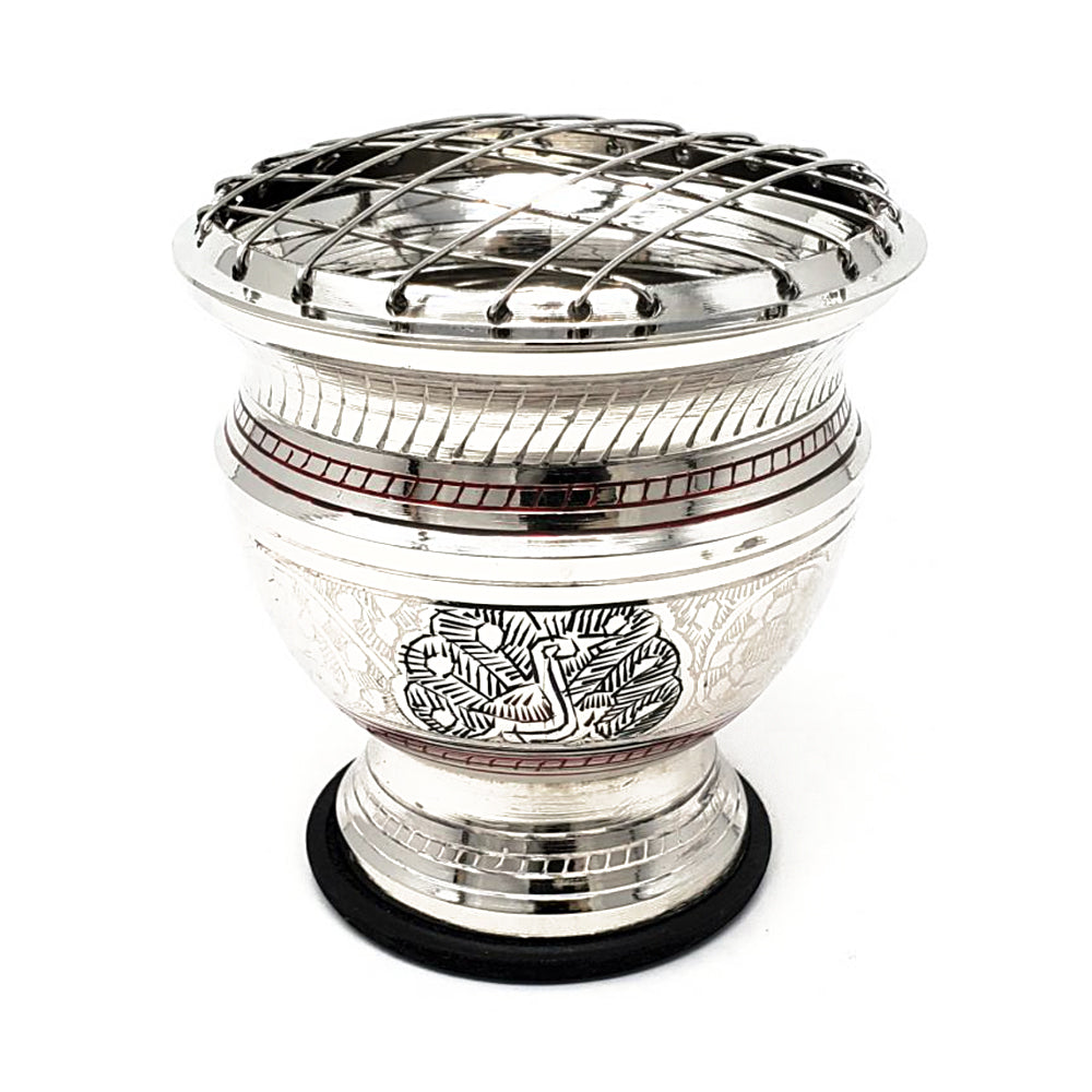 Silver Peacock Carved Brass Screen Charcoal Burner | Incense Burner | Wiccan Center