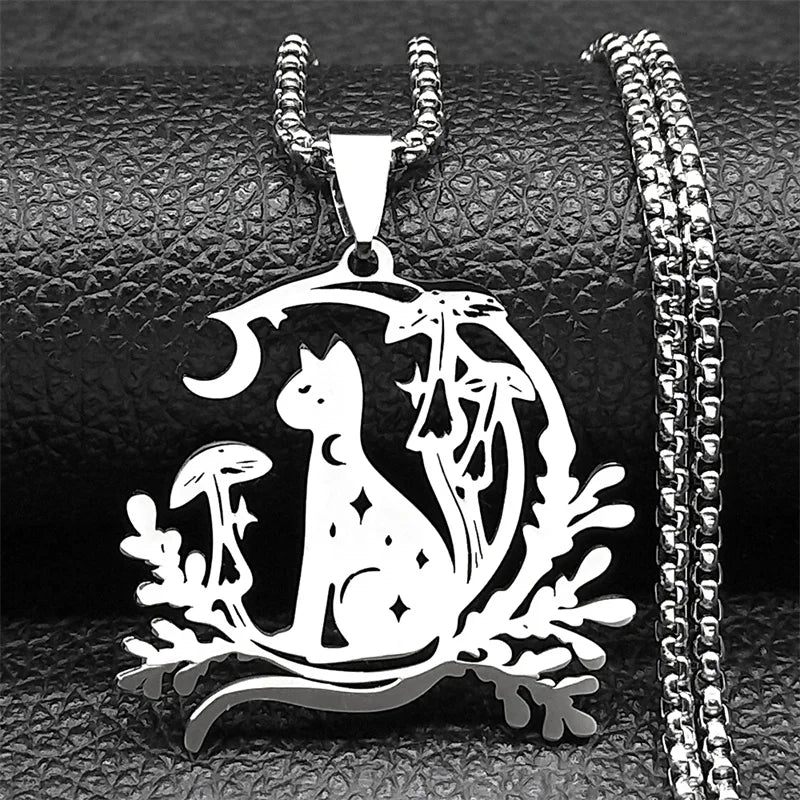 Cat Moon Mushroom Necklace | necklace | Wiccan Center