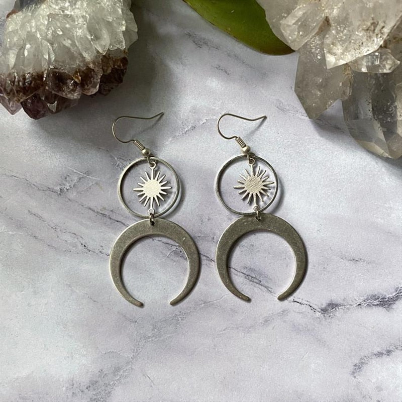 Druzy Crescent Moon Sun Earrings | earrings | Wiccan Center