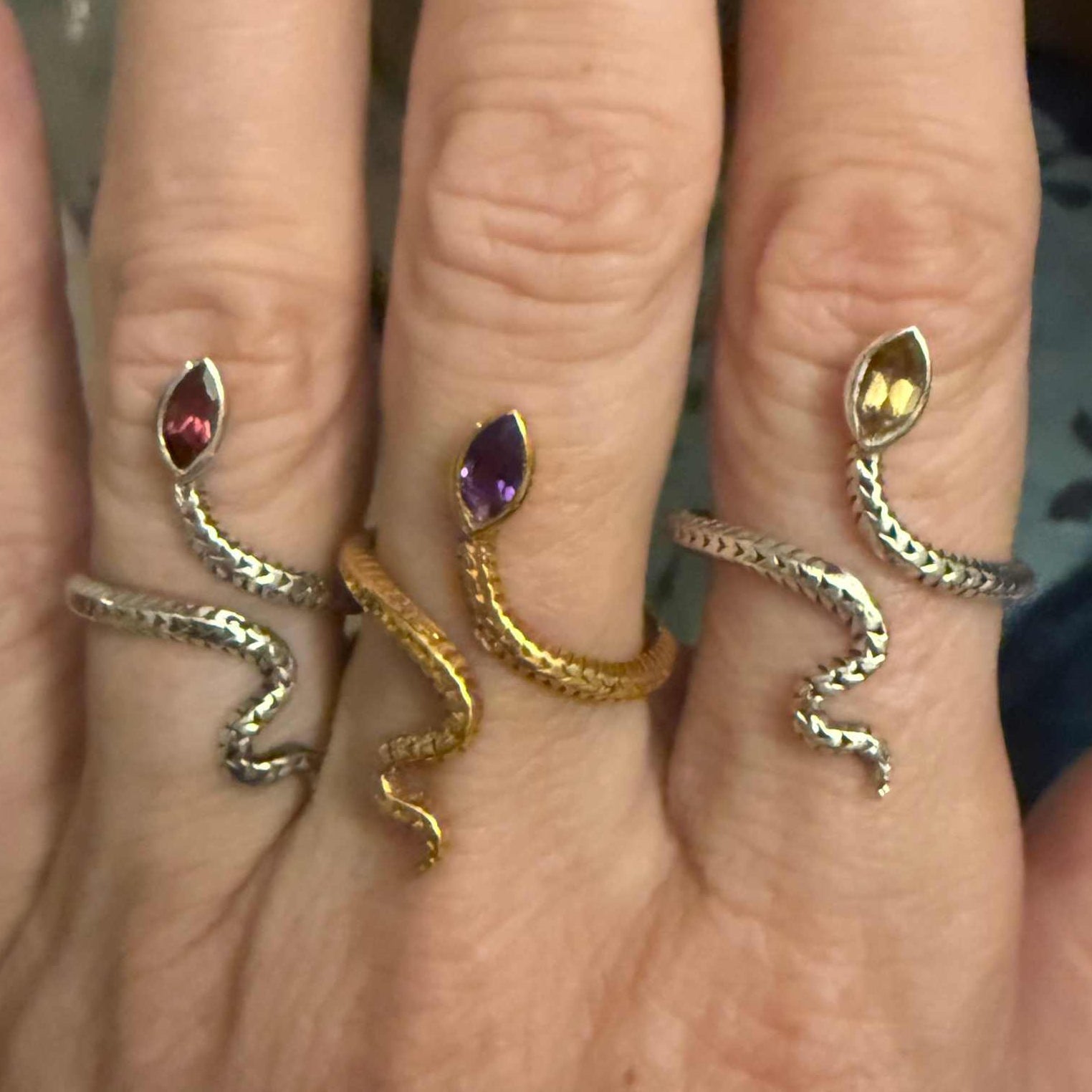 Gemstone Snake Ring - Sterling Silver or Gold Vermeil | Rings | Wiccan Center