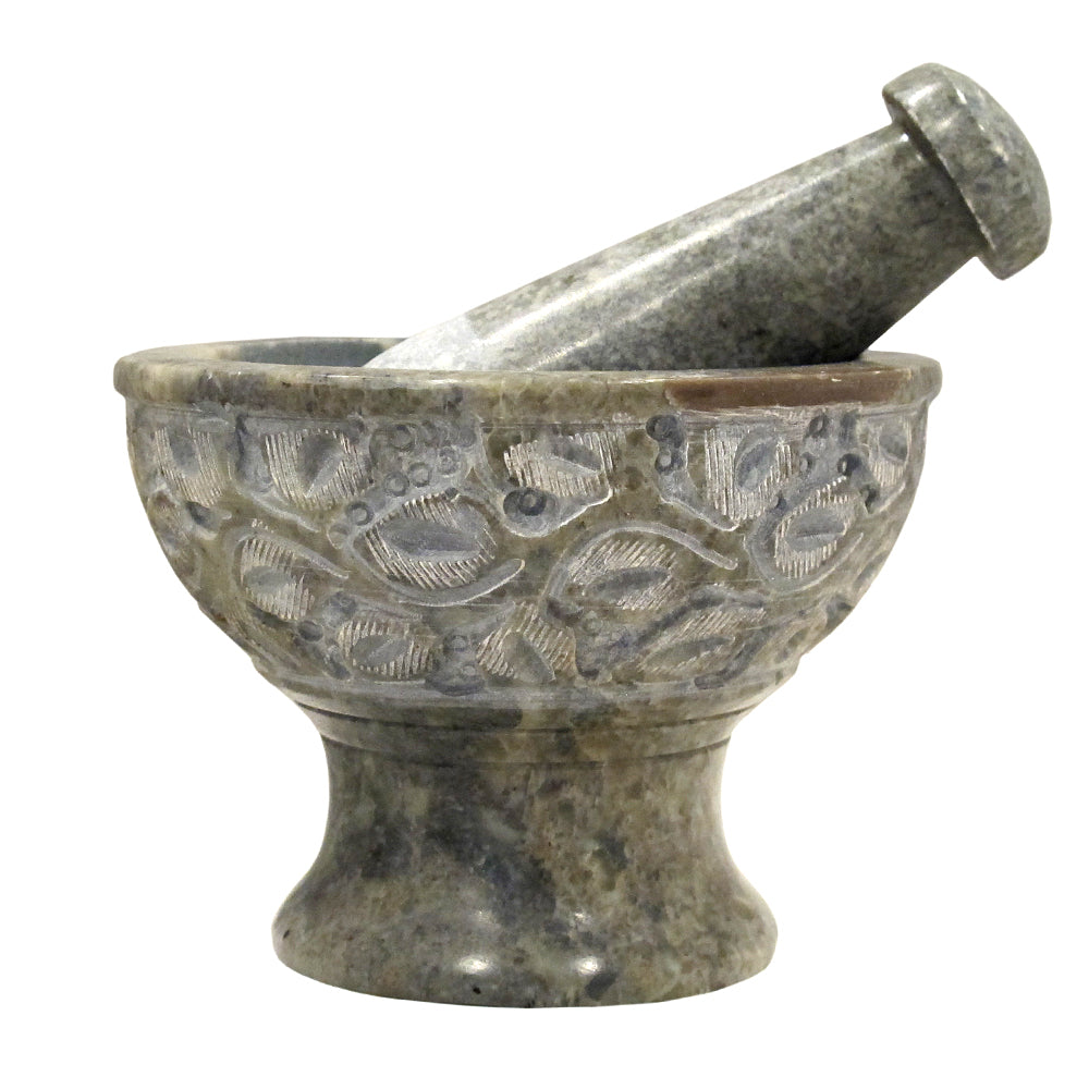 Soapstone Mortar & Pestle Carved Leaves Natural | Mortar & Pestle | Wiccan Center