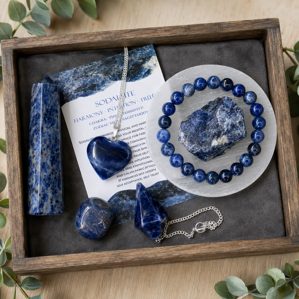 Sodalite Crystal Gift Set For Emotional Support and Protection, Real Polished Gemstones. | Merkaba & Platonic Solids | Wiccan Center