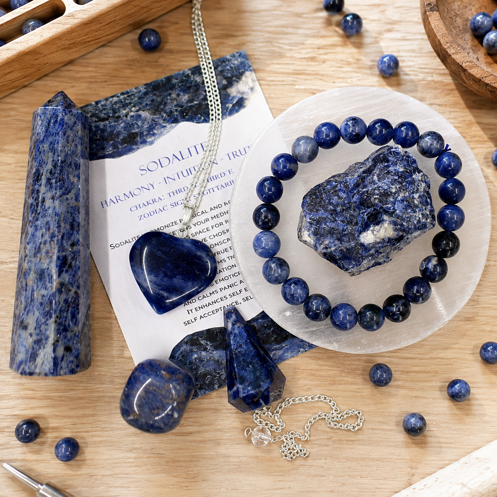 Sodalite Crystal Gift Set For Emotional Support and Protection, Real Polished Gemstones. | Merkaba & Platonic Solids | Wiccan Center
