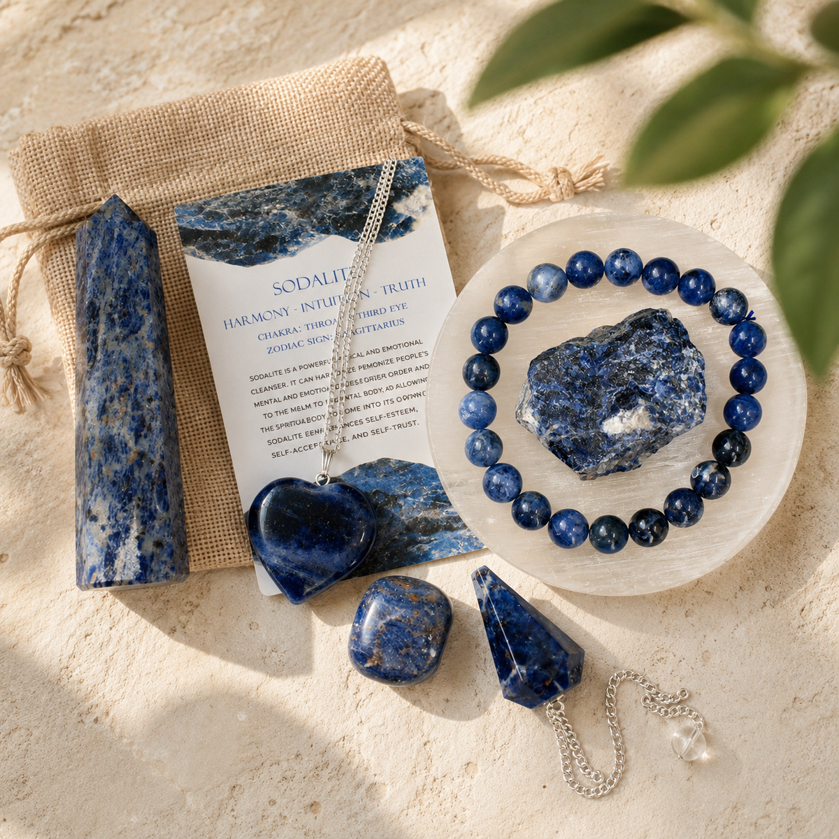 Sodalite Crystal Gift Set For Emotional Support and Protection, Real Polished Gemstones. | Merkaba & Platonic Solids | Wiccan Center