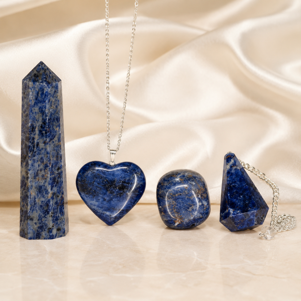 Sodalite Crystal Gift Set For Emotional Support and Protection, Real Polished Gemstones. | Merkaba & Platonic Solids | Wiccan Center