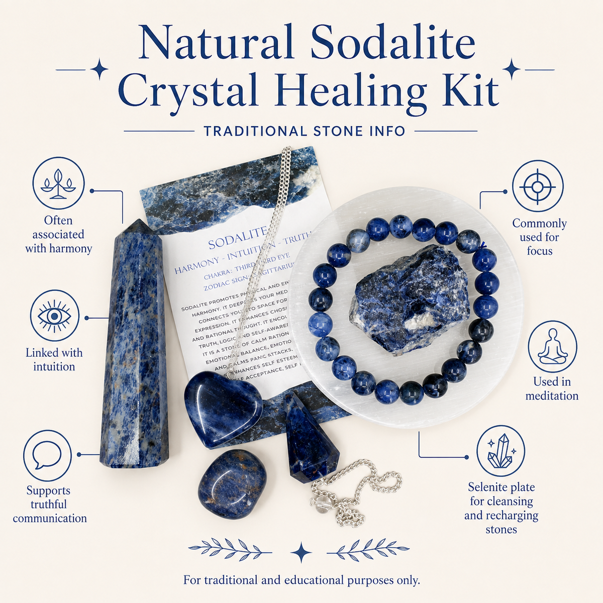 Sodalite Crystal Gift Set For Emotional Support and Protection, Real Polished Gemstones. | Merkaba & Platonic Solids | Wiccan Center