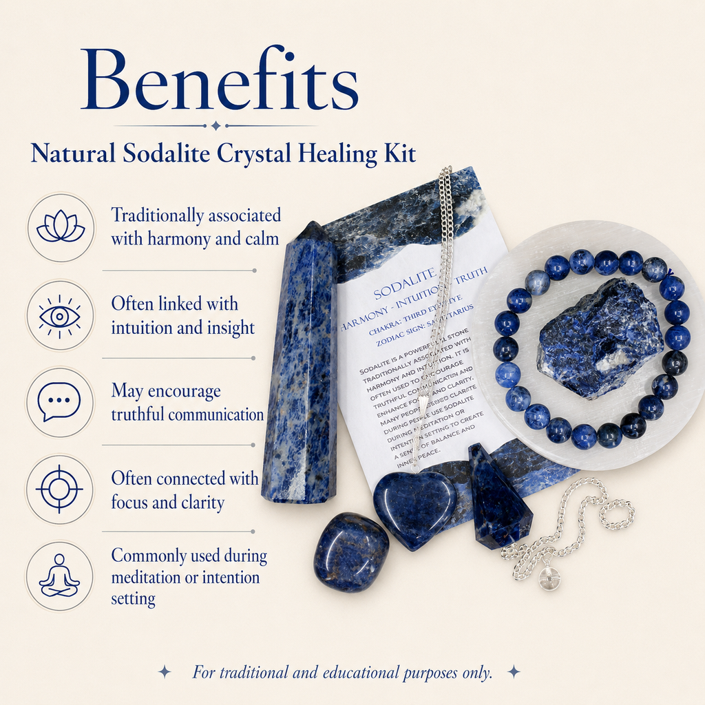 Sodalite Crystal Gift Set For Emotional Support and Protection, Real Polished Gemstones. | Merkaba & Platonic Solids | Wiccan Center