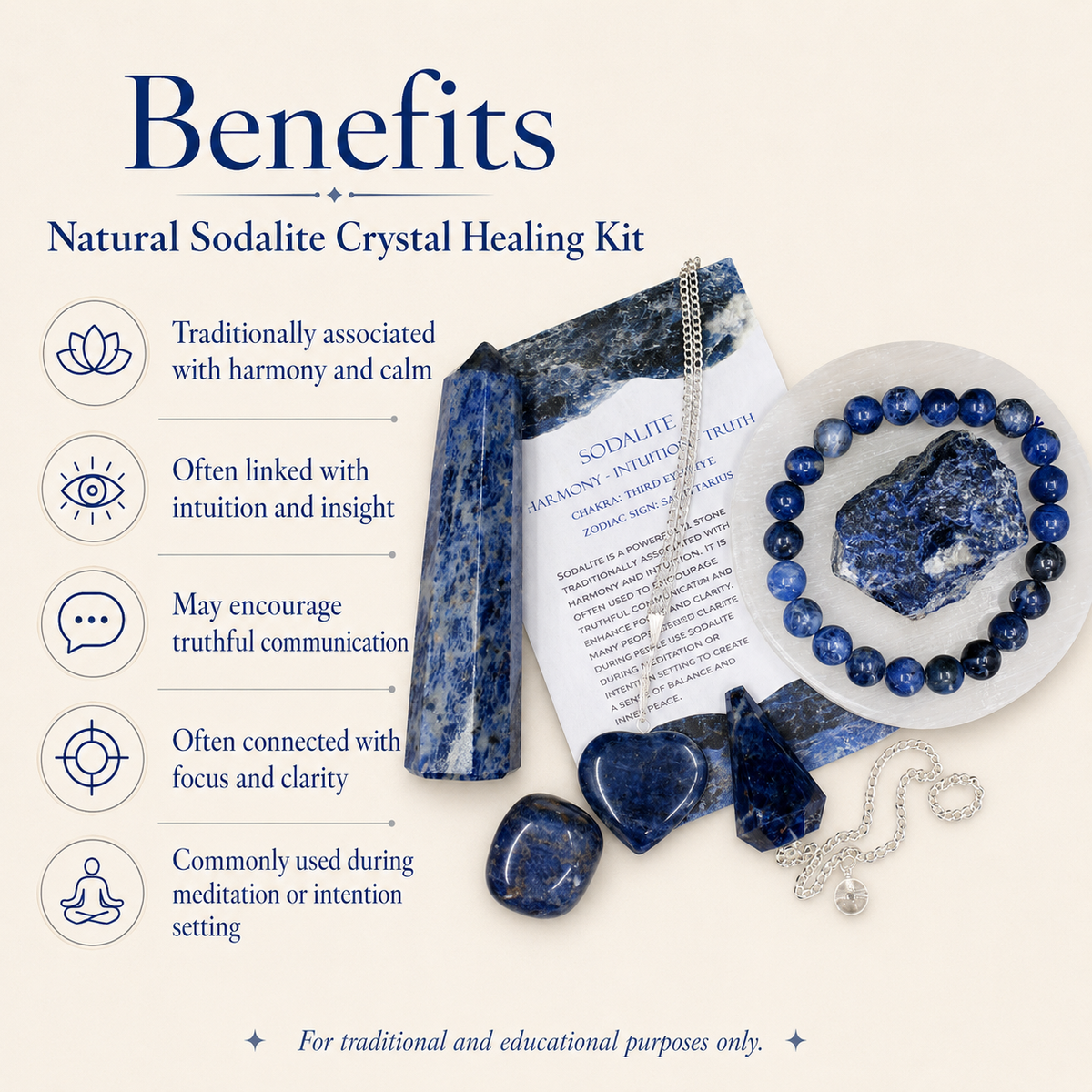 Sodalite Crystal Gift Set For Emotional Support and Protection, Real Polished Gemstones. | Merkaba & Platonic Solids | Wiccan Center