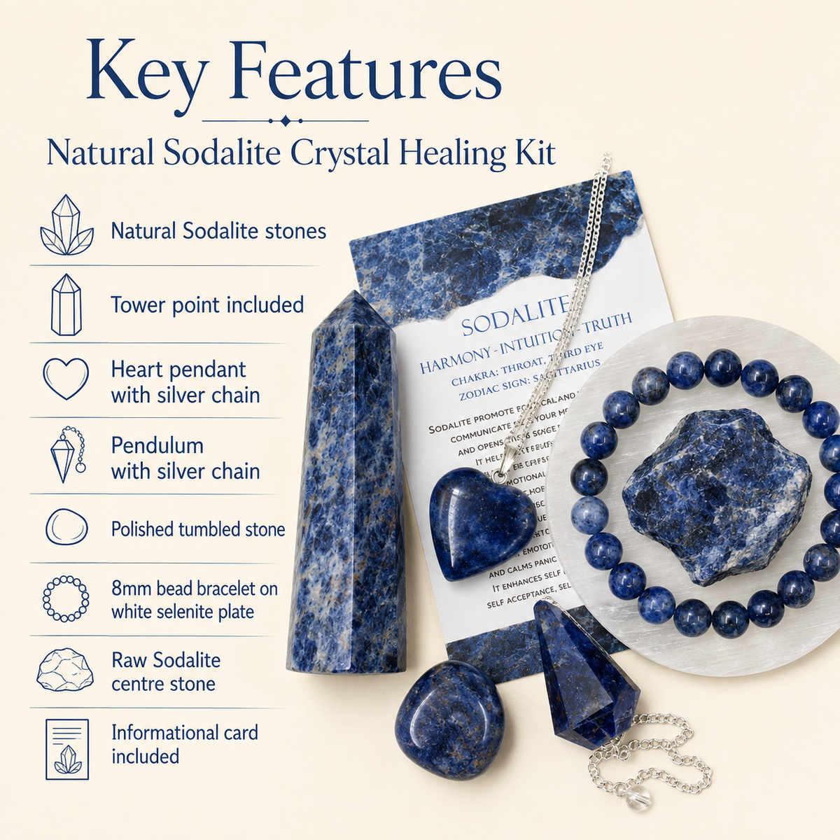 Sodalite Crystal Gift Set For Emotional Support and Protection, Real Polished Gemstones. | Merkaba & Platonic Solids | Wiccan Center