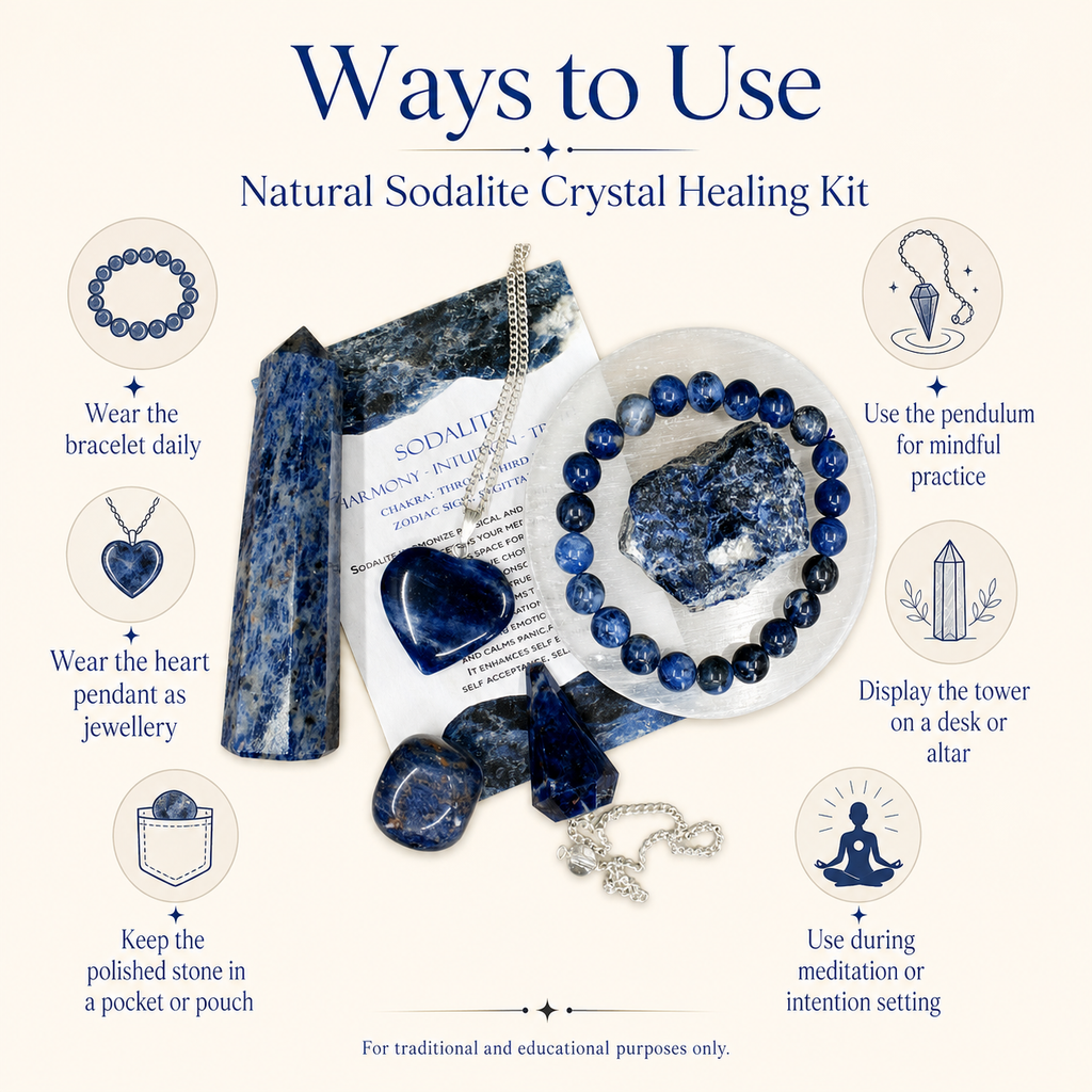 Sodalite Crystal Gift Set For Emotional Support and Protection, Real Polished Gemstones. | Merkaba & Platonic Solids | Wiccan Center