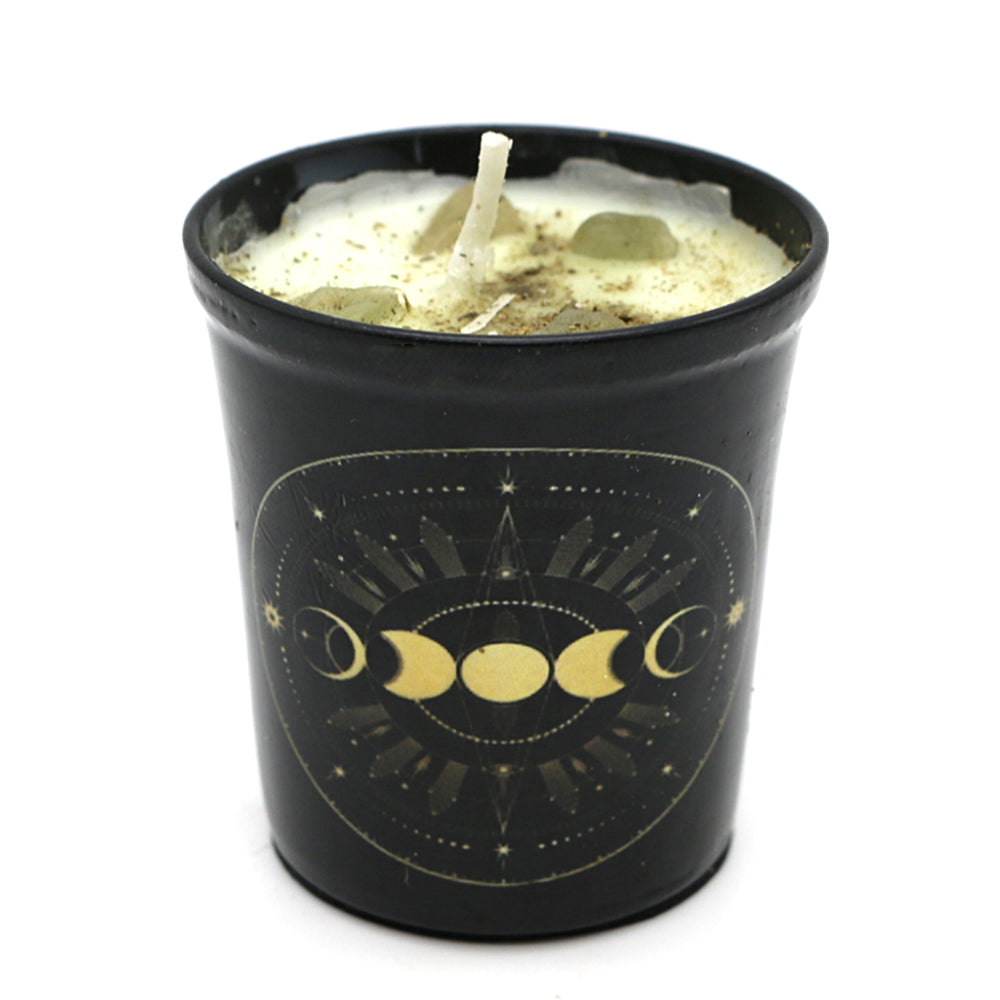 Votive Scented Candle with Herbs and Crystal Stones - Golden Moons | Candle | Wiccan Center
