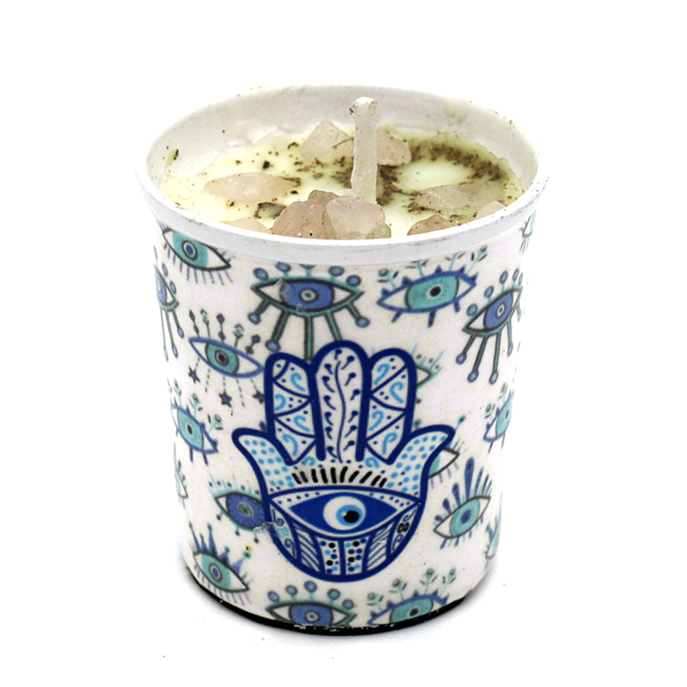 Votive Scented Candle with Herbs and Crystal Stones - Hamsa Hand | Candle | Wiccan Center