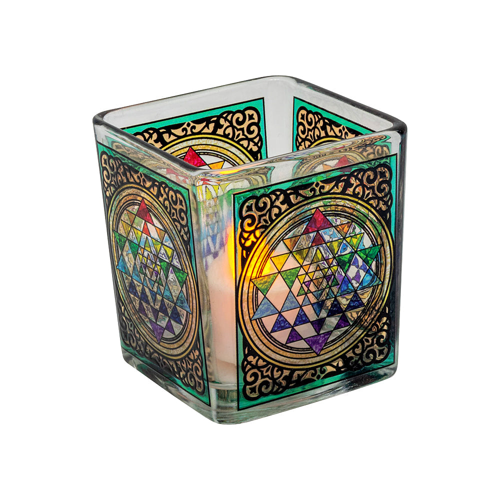 Sri Yantra Chakra Handcrafted Glass Square Votive Holder | Candle Holder | Wiccan Center