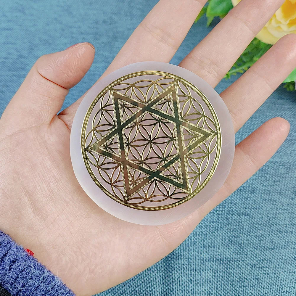 Selenite Spiritual Gold Symbol Plates | crystal | Wiccan Center