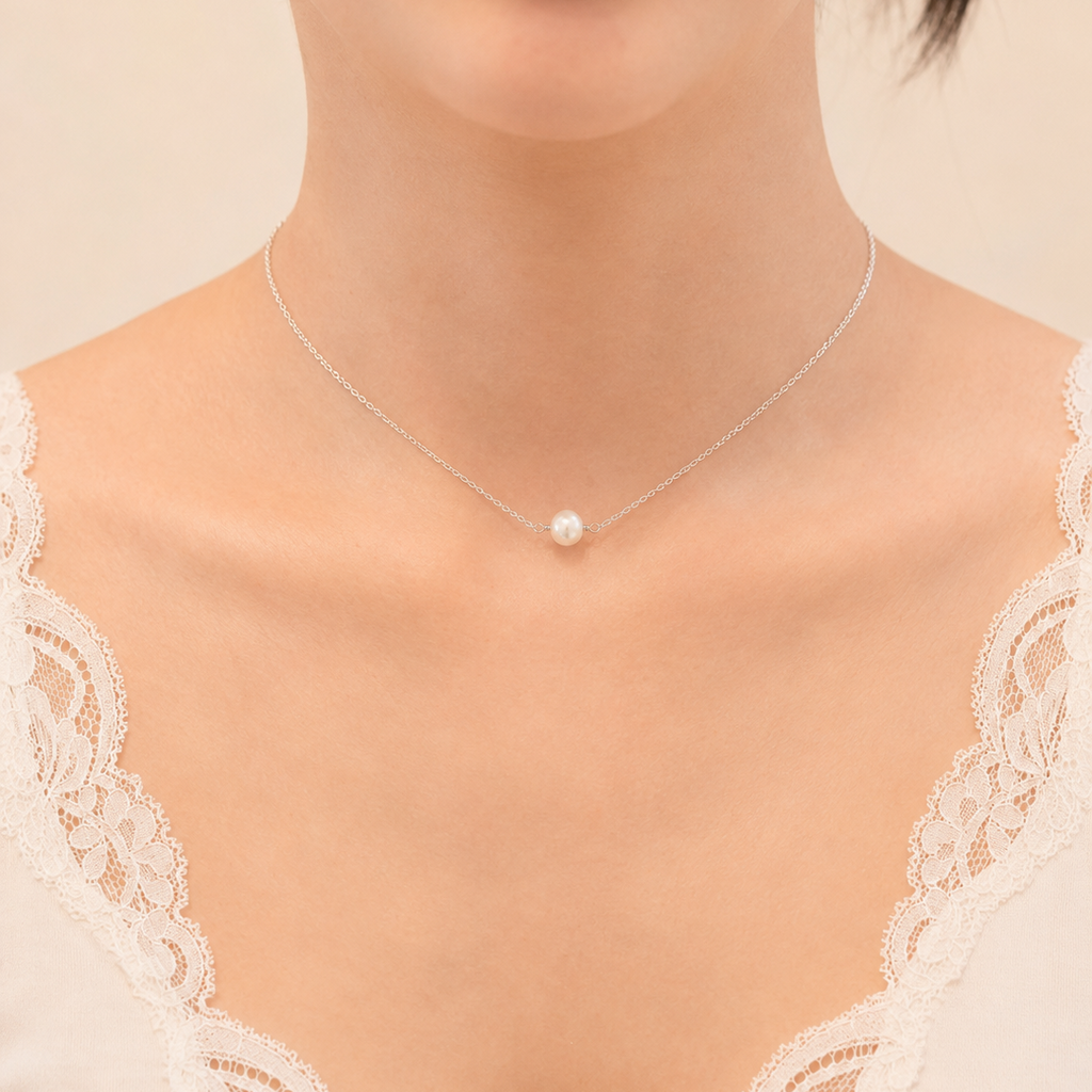 Single Pearl Choker Necklace with Swarovski Clasp