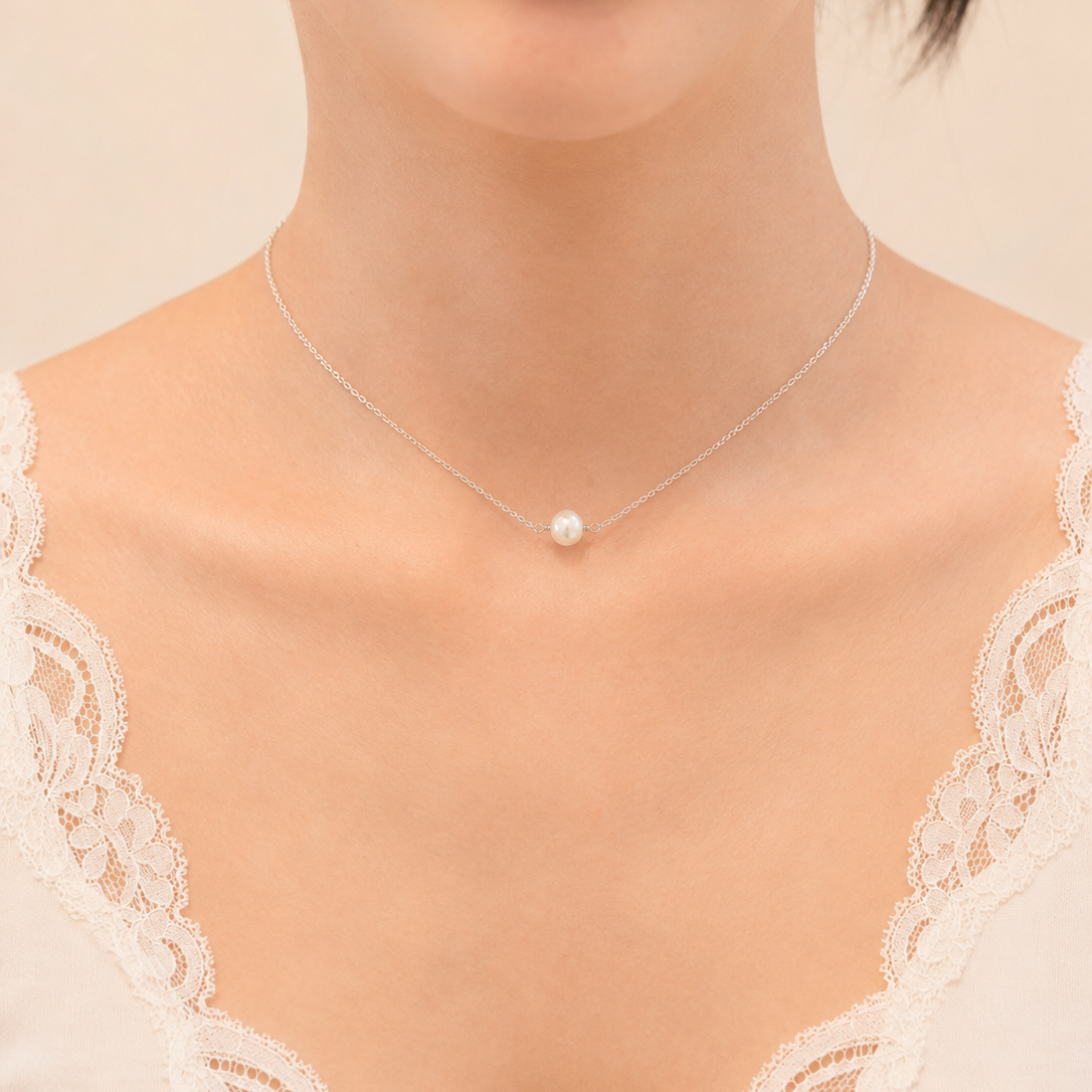 Single Pearl Choker Necklace with Swarovski Clasp
