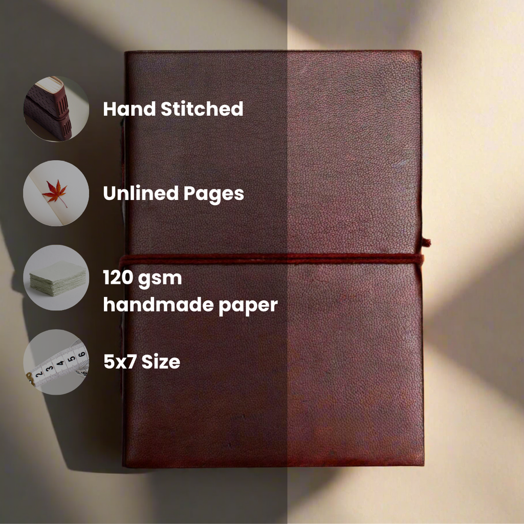 Rustic Dark Brown 5x7 Leather Journal - Unlined & Tree-Free Paper | Journal | Wiccan Center