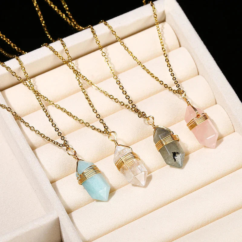 Crystal Hexagon Wire Wrap Gold Necklaces | necklace | Wiccan Center