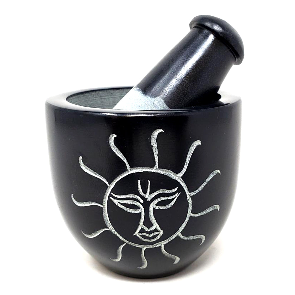 Sun Carved Black Soapstone Mortar & Pestle | Mortar & Pestle | Wiccan Center