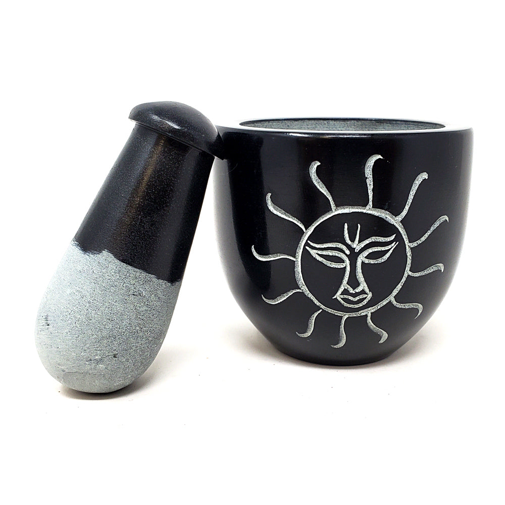 Sun Carved Black Soapstone Mortar & Pestle | Mortar & Pestle | Wiccan Center