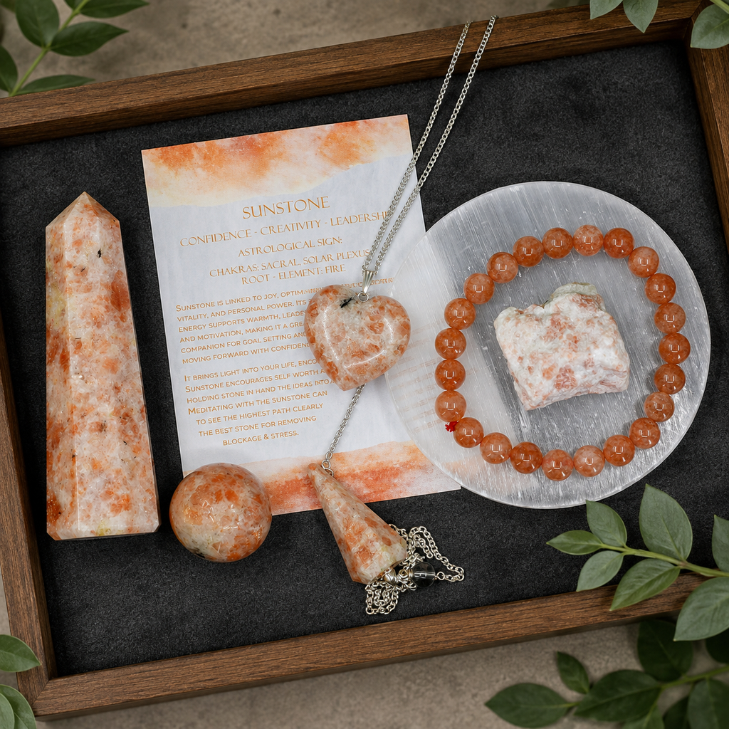 Sunstone Crystal Gift Set For Emotional Support and Protection, Real Polished Gemstones. | Merkaba & Platonic Solids | Wiccan Center