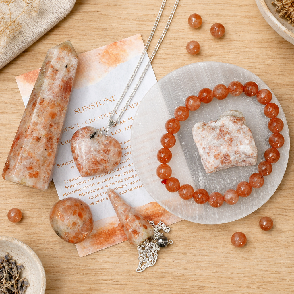 Sunstone Crystal Gift Set For Emotional Support and Protection, Real Polished Gemstones. | Merkaba & Platonic Solids | Wiccan Center