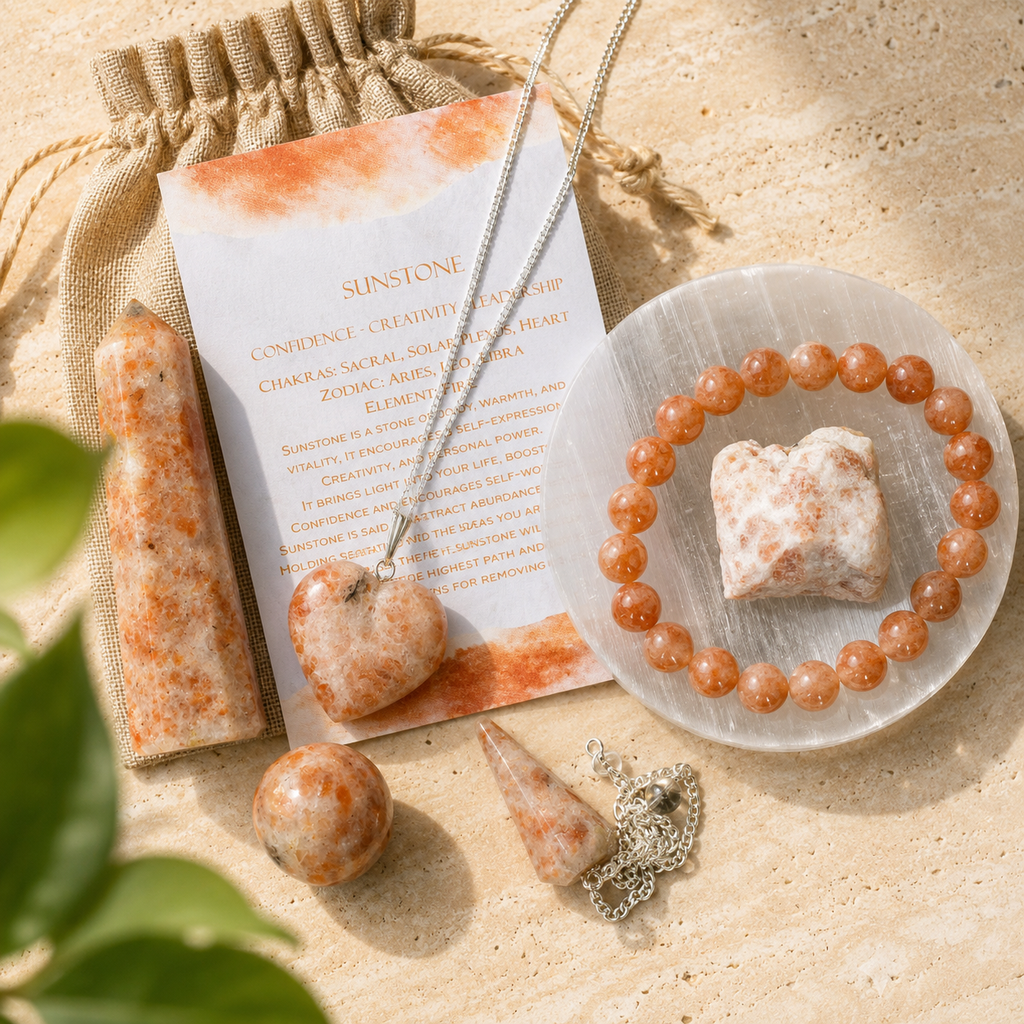 Sunstone Crystal Gift Set For Emotional Support and Protection, Real Polished Gemstones. | Merkaba & Platonic Solids | Wiccan Center