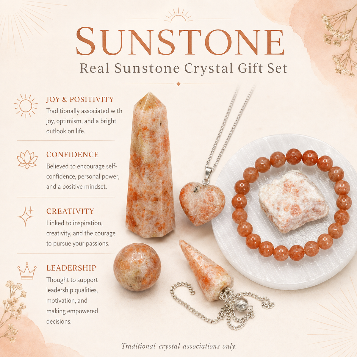 Sunstone Crystal Gift Set For Emotional Support and Protection, Real Polished Gemstones. | Merkaba & Platonic Solids | Wiccan Center