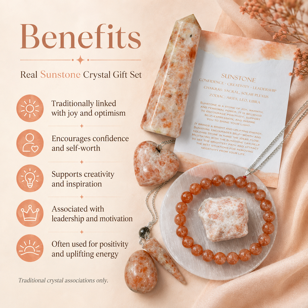 Sunstone Crystal Gift Set For Emotional Support and Protection, Real Polished Gemstones. | Merkaba & Platonic Solids | Wiccan Center
