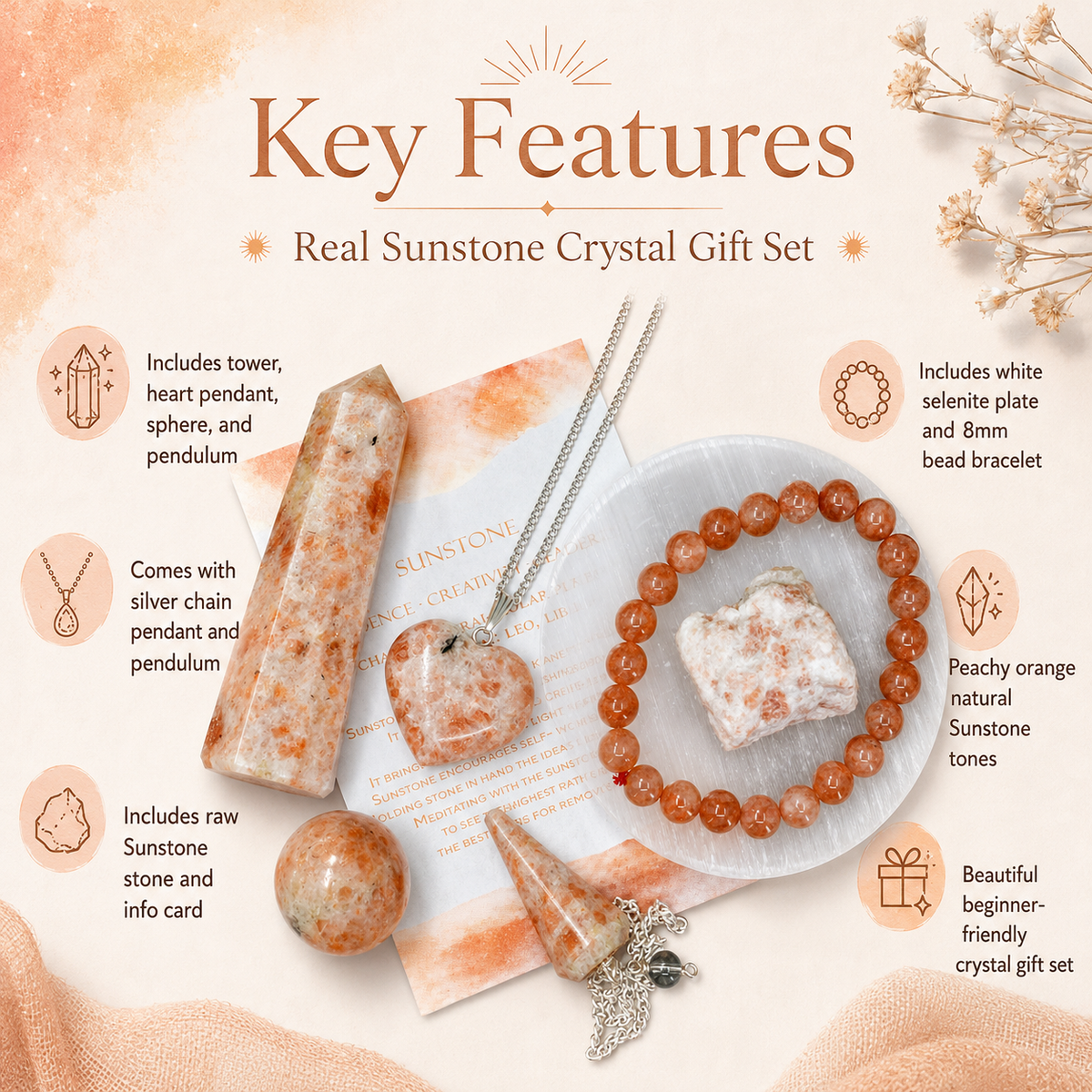 Sunstone Crystal Gift Set For Emotional Support and Protection, Real Polished Gemstones. | Merkaba & Platonic Solids | Wiccan Center