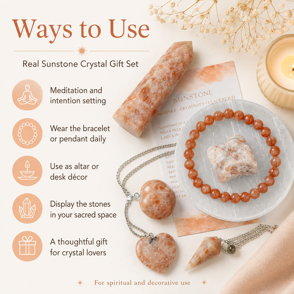 Sunstone Crystal Gift Set For Emotional Support and Protection, Real Polished Gemstones. | Merkaba & Platonic Solids | Wiccan Center