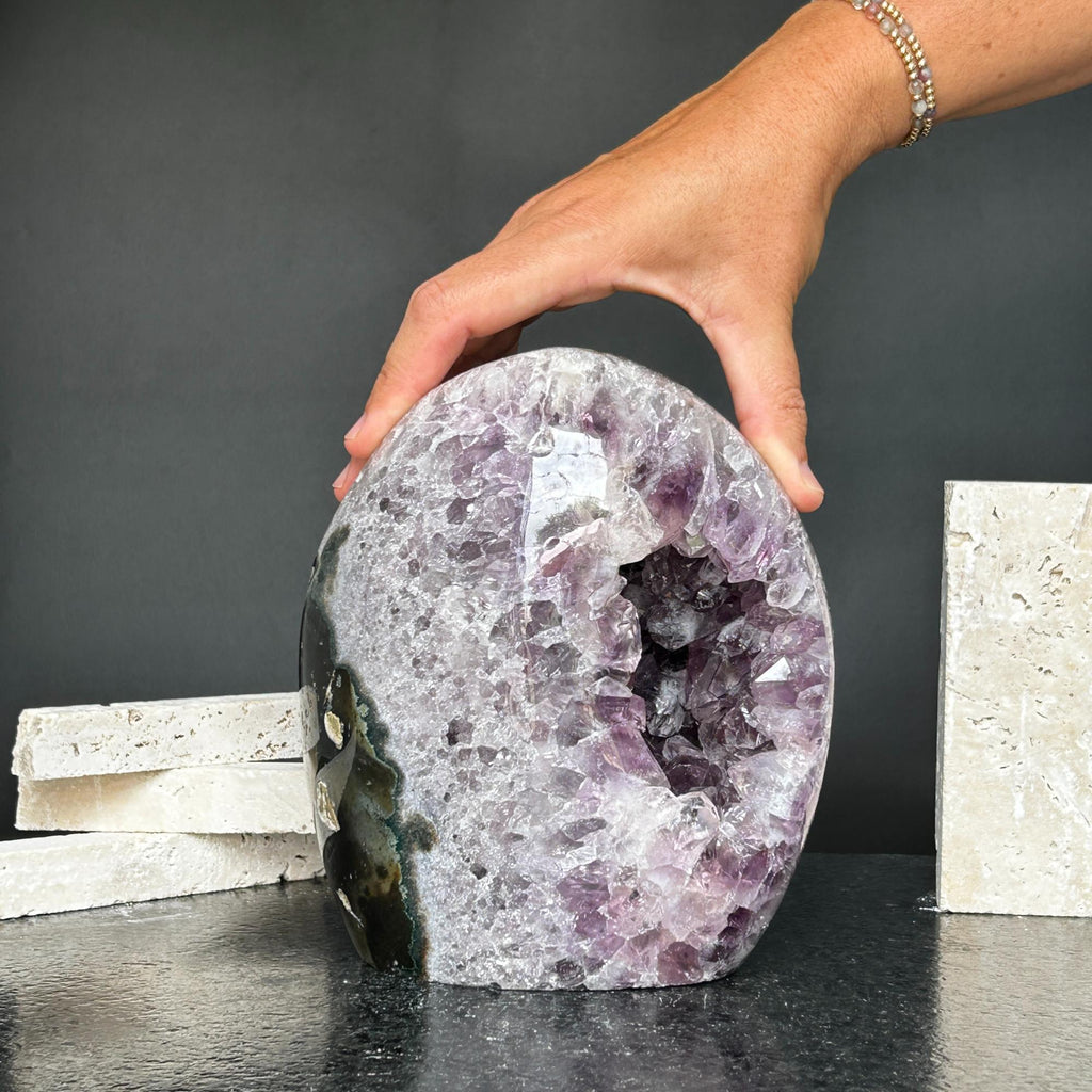 Superb Amethyst Crystal Geode with Agate formations, 7 in tall Extra Large Amethyst Cave, Oval Shaped Stone Polished at edges | Amethyst Geodes | Wiccan Center