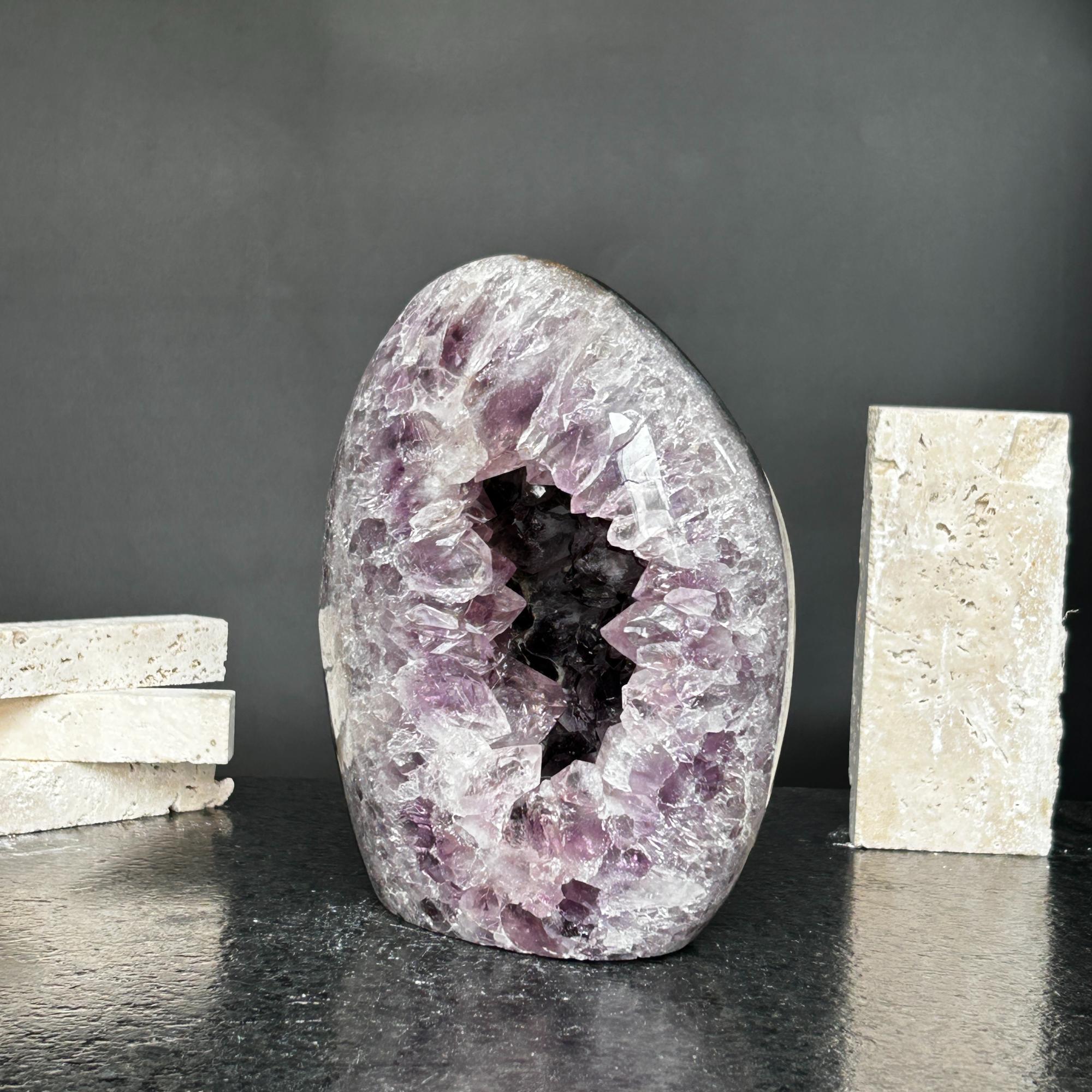 Superb Amethyst Crystal Geode with Agate formations, 7 in tall Extra Large Amethyst Cave, Oval Shaped Stone Polished at edges | Amethyst Geodes | Wiccan Center