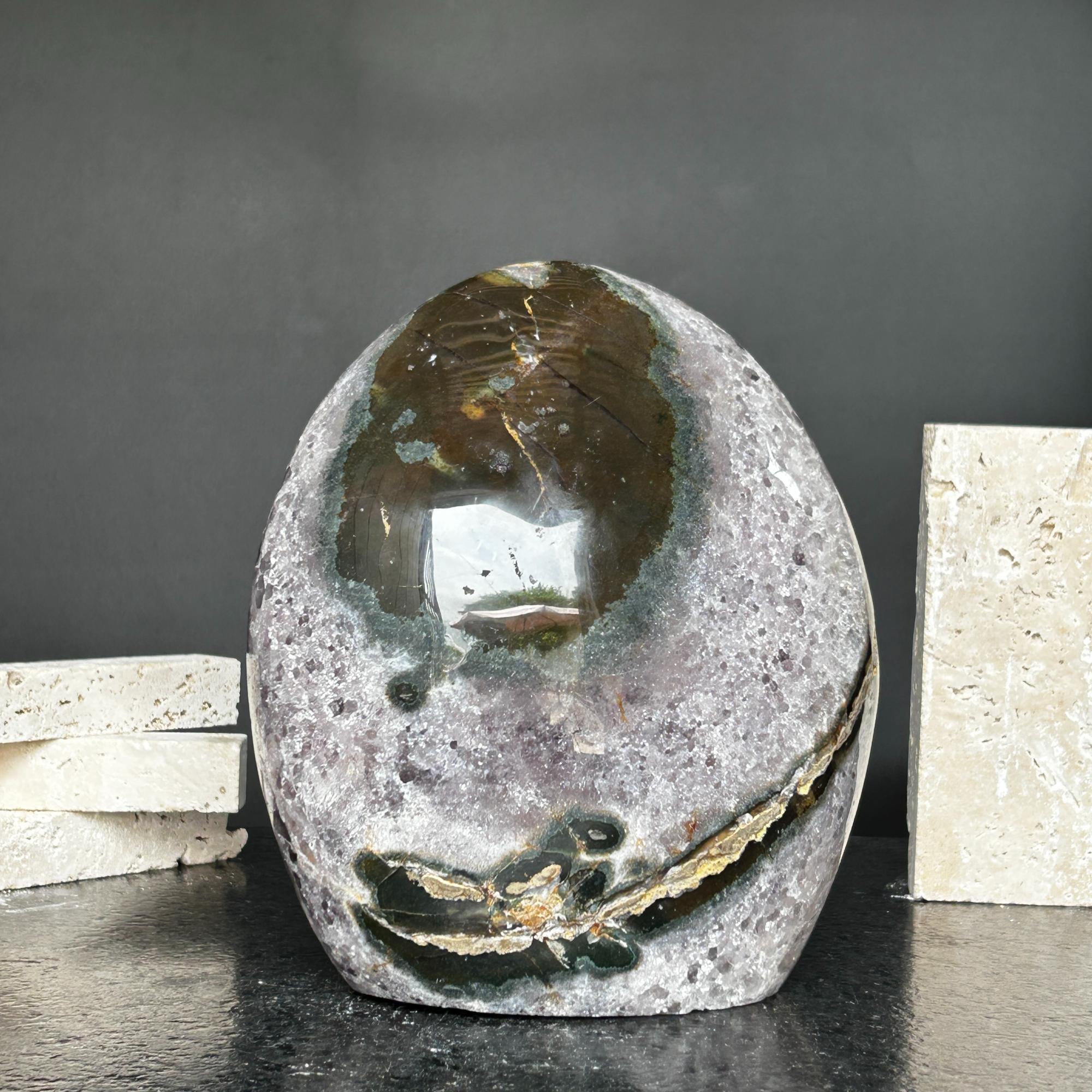 Superb Amethyst Crystal Geode with Agate formations, 7 in tall Extra Large Amethyst Cave, Oval Shaped Stone Polished at edges | Amethyst Geodes | Wiccan Center