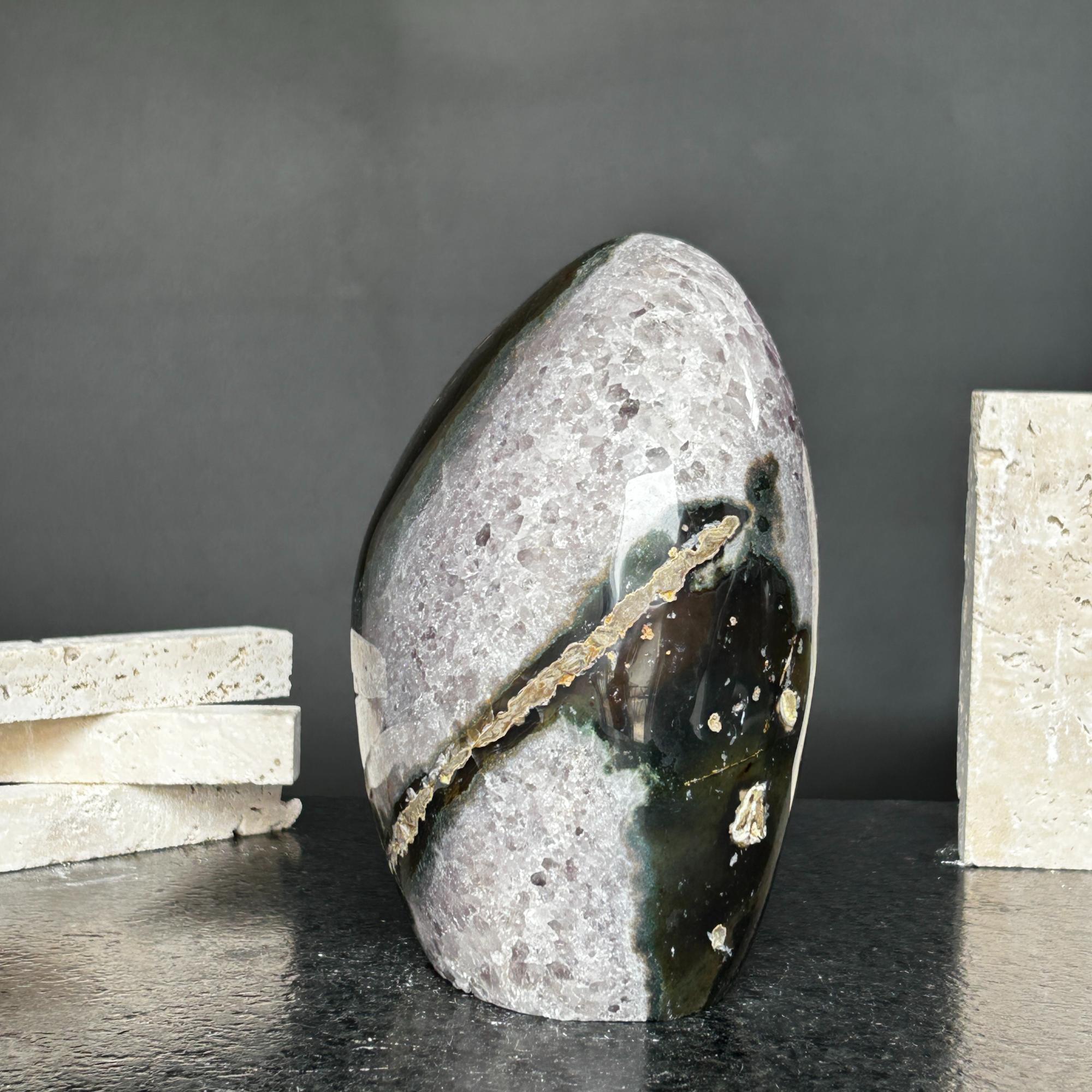 Superb Amethyst Crystal Geode with Agate formations, 7 in tall Extra Large Amethyst Cave, Oval Shaped Stone Polished at edges | Amethyst Geodes | Wiccan Center