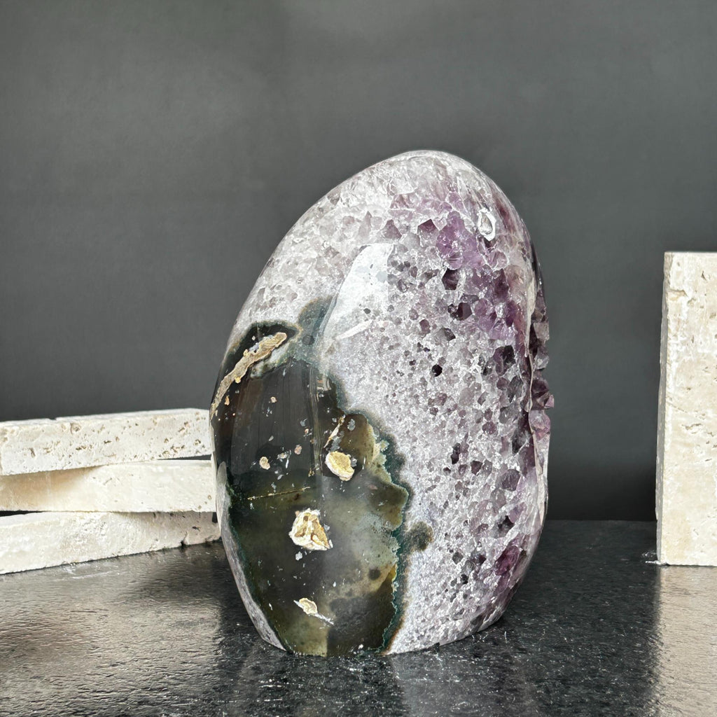 Superb Amethyst Crystal Geode with Agate formations, 7 in tall Extra Large Amethyst Cave, Oval Shaped Stone Polished at edges | Amethyst Geodes | Wiccan Center