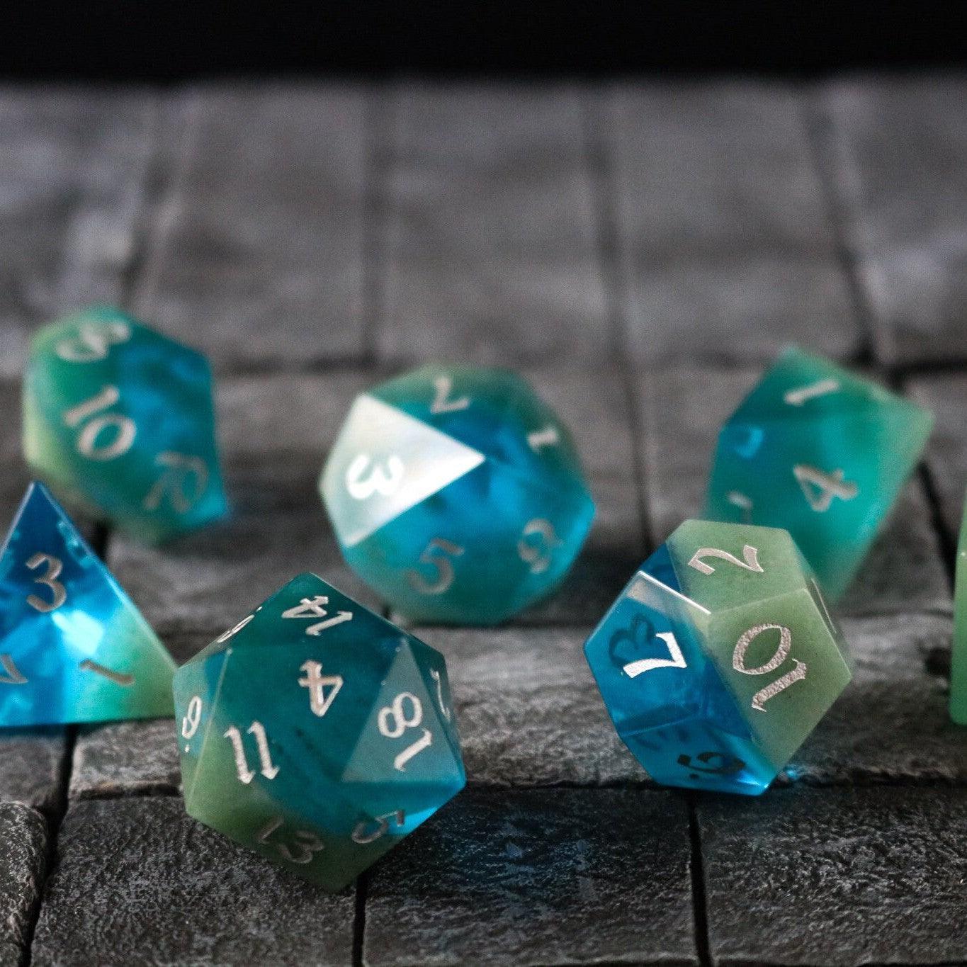 Synthetic Gemstone Two Tone Blue/Green Hand Carved DND Dice Set | Gemstone Dice | Wiccan Center