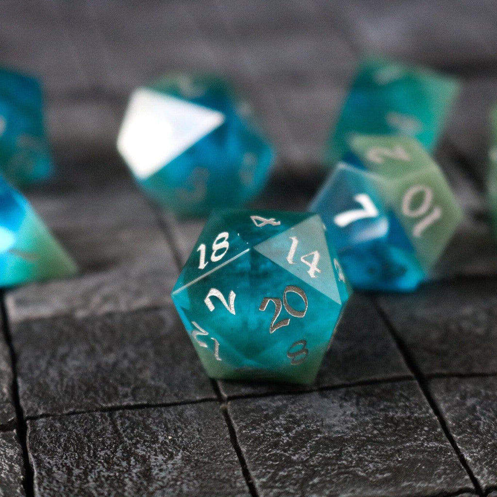 Synthetic Gemstone Two Tone Blue/Green Hand Carved DND Dice Set | Gemstone Dice | Wiccan Center
