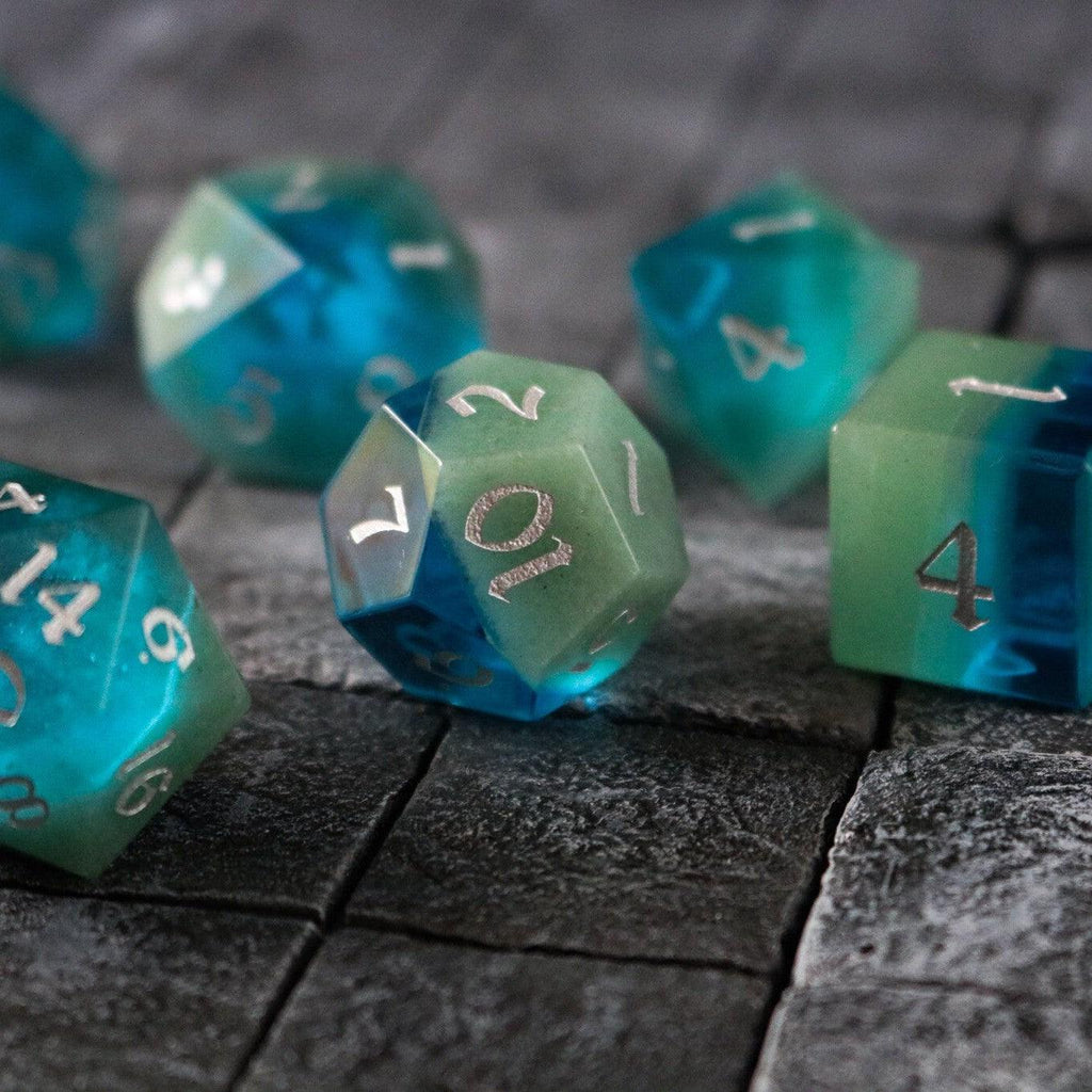 Synthetic Gemstone Two Tone Blue/Green Hand Carved DND Dice Set | Gemstone Dice | Wiccan Center