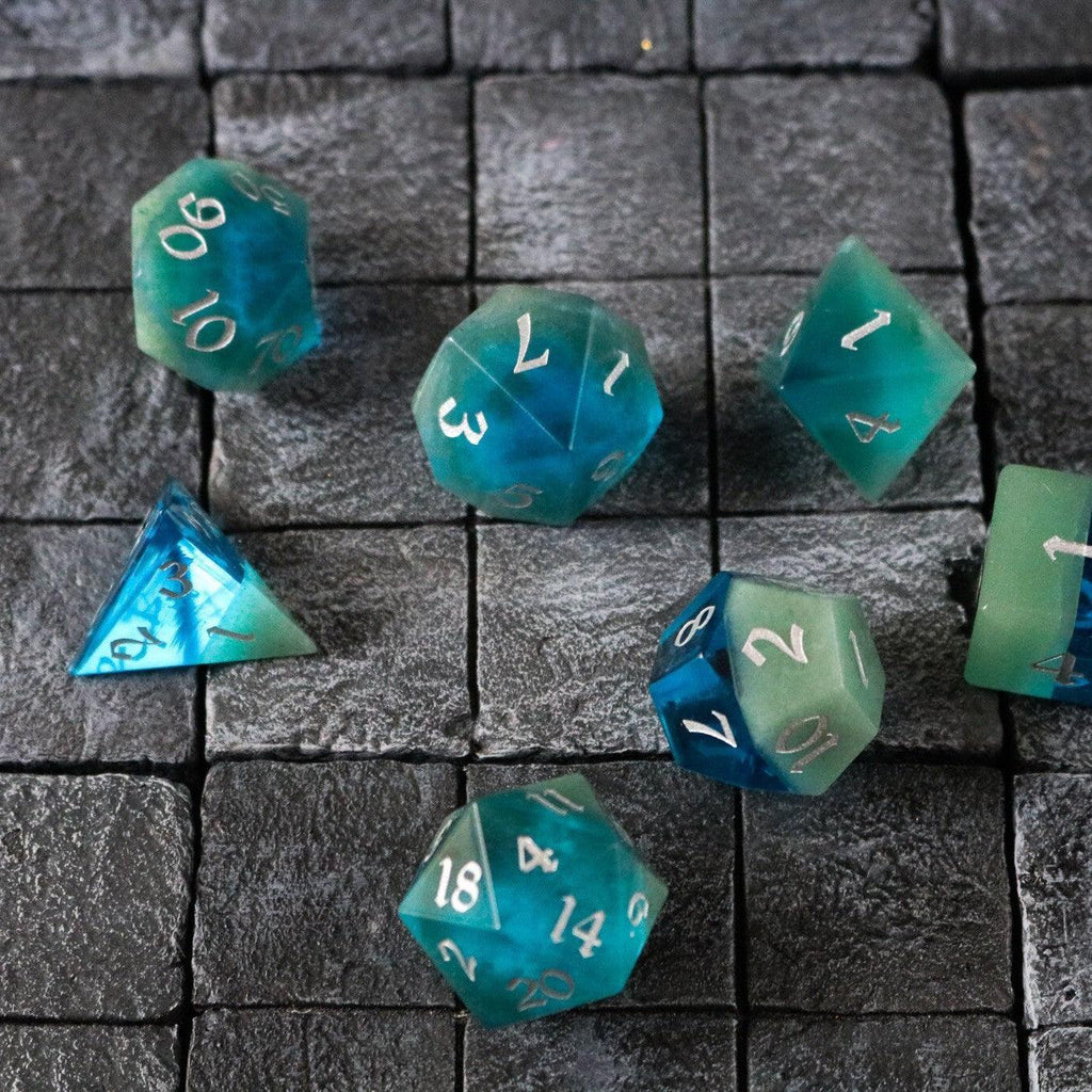Synthetic Gemstone Two Tone Blue/Green Hand Carved DND Dice Set | Gemstone Dice | Wiccan Center