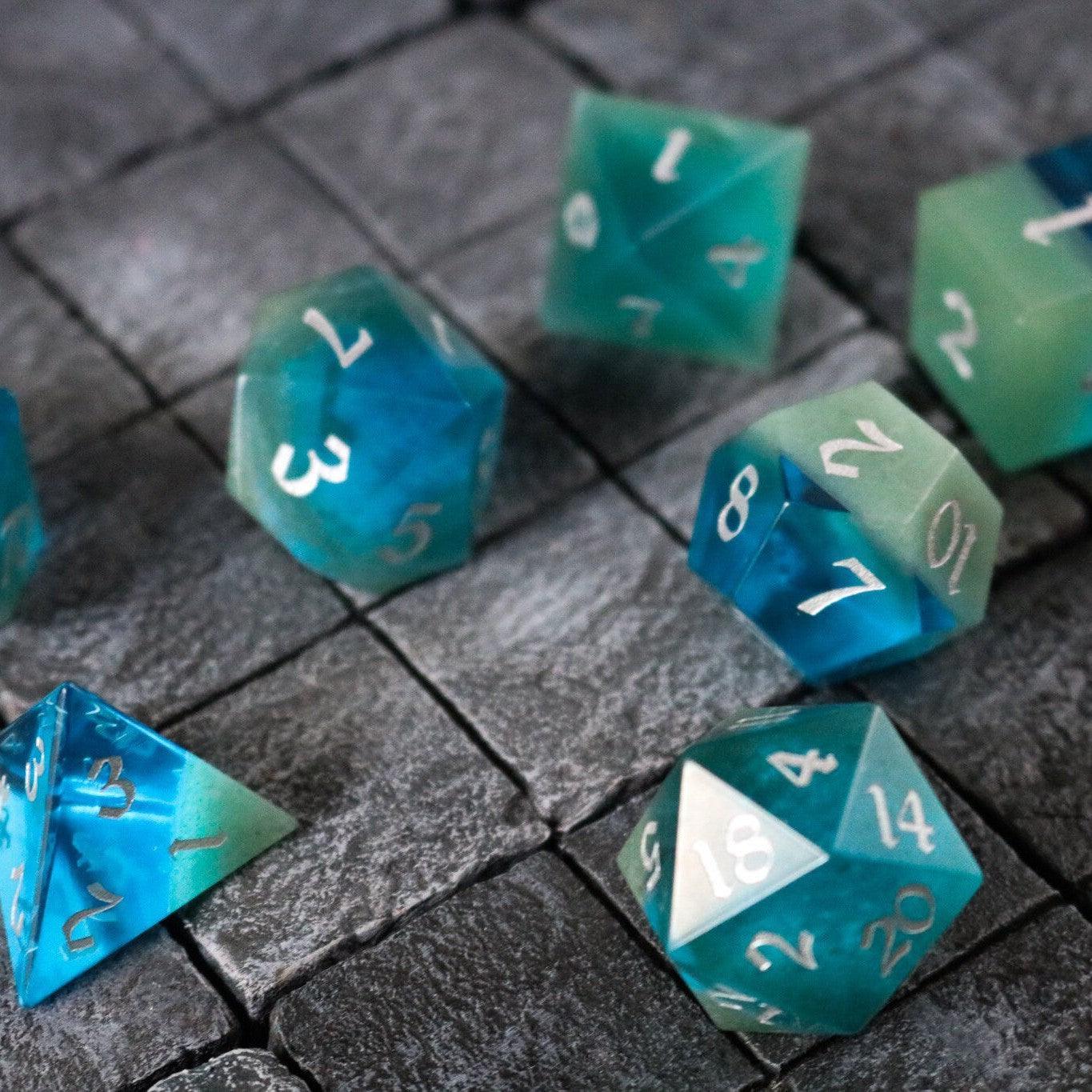 Synthetic Gemstone Two Tone Blue/Green Hand Carved DND Dice Set | Gemstone Dice | Wiccan Center